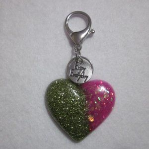 Pink & Green Glitter Heart Keychain